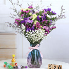 爱满 满天星干花花束客厅装饰摆件真花勿忘我鲜花花卉批发雏菊家居花瓶SN8152 6色+草+白星 带玻璃花瓶
