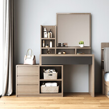 【限时闪购直降】木月梳妆台收纳一体北欧风格卧室现代简约网红ins风多功能化妆台桌 【木纹色】梳妆台+妆凳