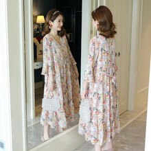 敏潮格伦时尚雪纺连衣裙网红孕晚期孕妇装潮2021夏款长夏装季夏天裙子辣妈 碎花裙 XXL
