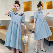 孕妇装夏装2021新款薄款孕妇连衣裙洋气夏天时尚刺绣孕妇裙子夏装短袖潮妈外出哺乳上衣女 浅蓝裙子 M【建议90-115斤】