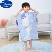 迪士尼品牌1-10岁小孩春夏天用的儿童浴巾斗篷带帽纯棉纱布吸水卡通可裹浴袍宝宝可穿式春夏童女男 【S65码-蓝小鹿】(身高85到脚根～120cm过
