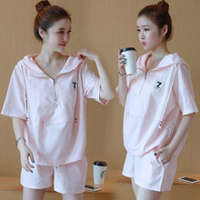 韵暖香 网红孕妇装夏装外出短袖套装2021时尚新款潮妈夏季小个子纯棉连帽夏天两件套 粉红色 XL