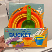 儿童沙滩玩具多功能折叠手提硅胶水桶铲子男女孩浴室沙滩铲小水桶 橘色圆桶+沙滩铲