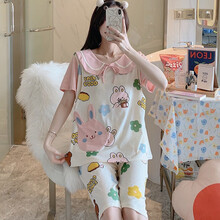 孕薇贝儿 孕妇夏季纯棉短袖月子服产后哺乳睡衣产妇喂奶衣家居服女 樱381粉色小兔 XXL码