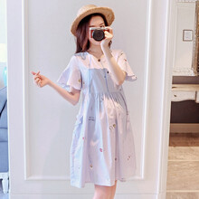 孕妇装夏装中长款孕妇连衣裙宽松舒适孕妇裙夏时尚孕妈装夏天外出新款套装孕妇上衣裙子夏季 蓝色裙 L