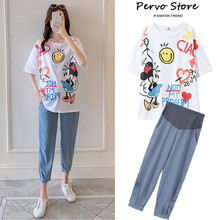 奕雅轩孕妇装夏装新款套装时尚中长款上衣宽松短袖T恤潮妈托腹雪纺裤两件套 白色卡通短袖+托腹裤【套装】 L