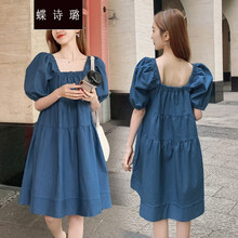 蝶诗璐 孕妇装夏装牛仔方领连衣裙宽松短袖A字夏天裙子中长款潮孕妈装 蓝色 M