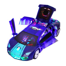 儿童玩具小汽车电动带音乐闪光灯变形旋转万向警车男孩玩具1-2-3-6-12个月岁小孩女孩 【蓝色】万向旋转变形跑车 普通电池