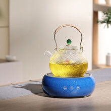 诺洁仕（LOCUS）电陶炉茶炉家用功夫热泡蒸煮烧水炉迷你不挑玻璃陶瓷铁壶光波电磁炉机器 窑变蓝色陶瓷茶炉+750ml玻璃壶D款