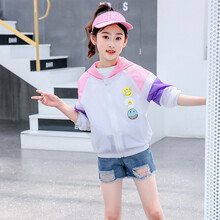 芭梵鼠女童防晒衣夏季短款连帽轻薄外套3-13岁小女孩时尚防晒服中小学风空调衫皮肤衣潮 粉色 140