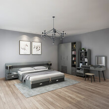 苏菲洛克北欧简约多功能卧室套房7件套储物床平开门大衣柜梳妆台 1.8米床+床垫+床头柜*2+1.8米衣柜+妆台凳