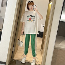 南叮雅格孕妇套装夏装网红宽松短袖T恤托腹裤潮妈两件套孕妇装潮妈夏季 单件 绿色托腹裤 M