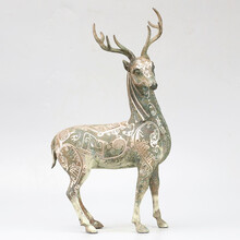 周鼎青铜器摆件 仿古做旧错银梅花鹿青铜鹿工艺品家居摆件鎏银