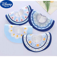 迪士尼适合0-3岁小孩用的4条装口水巾婴儿口水围兜宝宝围嘴纯棉防水360度可旋转防吐奶围巾 藏青色 海洋世界组 均码0-3岁内宝宝
