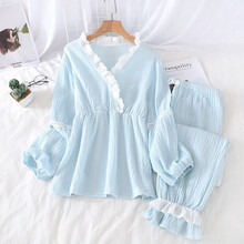 月子服纯棉夏 夏季月子服夏孕妇睡衣薄款六6-7五月份产后透气纯棉纱布5夏天哺乳 蓝色蕾丝领交叉哺乳绉纱 L码(115-135斤)