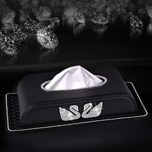 车载纸巾盒 汽车抽纸盒创意可爱时尚镶钻 高档女汽车用品 车上装饰车内抽纸盒 双天鹅皮款【纸巾盒】+防滑垫