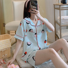 月子服睡衣纯棉短袖夏季绉布双层纱布孕妇产后哺乳喂奶套装家居服 9005短开衫丸子蓝色 XXL码