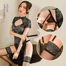 曼烟 情趣内衣 女性感透明制服诱惑孔雀羽毛纹长裙吊带旗袍睡衣丁字裤套装 孔雀旗袍长裙 绿M 9505