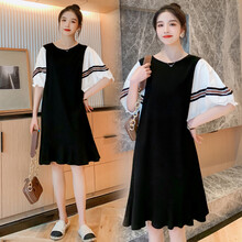 敏潮格伦孕妇装夏装2021新款时尚撞色短袖孕妇连衣裙中长款宽松显瘦孕妇裙 黑色 XL