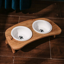 猫碗狗碗狗盆宠物双碗保护颈椎陶瓷护颈狗狗食盆猫粮饭盆猫咪用品 双碗木架(脚印图案) 均码