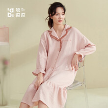 超市	顶瓜瓜睡裙女春季长袖双层纱透气宽松翻领花边甜美女士睡裙月子服ZY60021 晚山粉 170