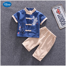 迪士尼儿童服男童短袖汉服棉麻1一3岁宝宝夏装唐装男孩中国风古装两件套装小孩子穿的小孩子穿的 宝蓝色-十里桃花汉服 110
