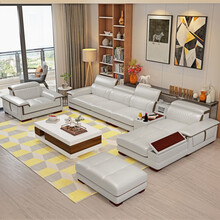 意梵尼 沙发 真皮沙发 新款现代调节储物转角 客厅组合皮质沙发 现代家具转角沙发组合 浅灰色 1+2+左贵妃+单人位+脚踏/带中几带音响/带茶几