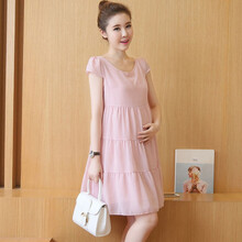 依鎏衣品孕妇装 2021春夏韩版纯色雪纺孕妇连衣裙宽松大码A字孕妇蛋糕时尚潮妈孕妇裙子女 粉色6667# M建议90-115斤