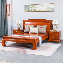 寻古红木家具缅甸花梨（学名：大果紫檀）双人床实木新中式主卧室新婚床 三件套