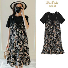 幸孕佳儿 孕妇装2021夏装新款时尚百搭减龄碎花假两件过膝长裙潮妈外出宽松遮肚孕妇连衣裙 图片色 XL