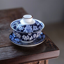 领艺 青花盖碗茶杯大号家用陶瓷三才泡茶碗功夫景德镇风格茶具 芍药盖碗