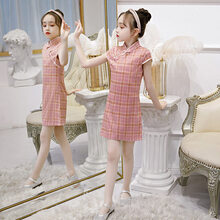 儿童格子旗袍2021年夏复古中国风女童改良版小女孩公主优雅连衣裙 粉色格子款 130