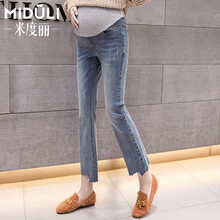 米度丽 孕妇裤女春装喇叭裤孕妇牛仔裤春季2021新款潮妈九分裤子春夏裤子外穿 蓝色 M码