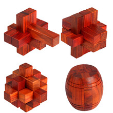 榫卯 红木 玩具红木孔明锁鲁班锁酒桶拆装成人智力解锁礼品木制榫卯儿童玩具 超值4件套A款