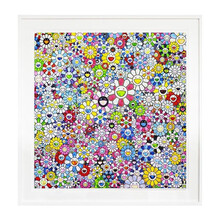 维格列艺术 村上隆 纯手工太阳花丝网版画 现代潮玩卡通空间装饰家居搭配挂画 手工装裱 65*65cm Flowers with smiley face