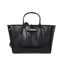 【明星同款】珑骧 LONGCHAMP 2021春夏 女士ROSEAU系列鳄鱼纹小牛皮手提斜挎包中号 黑色 10058 HTS 001