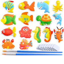 芙蓉天使 彩绘石膏娃娃儿童DIY手工涂色制作材料包白胚模涂鸦上色幼儿绘画玩具 海洋款(15个造型+8个颜料+2支笔)