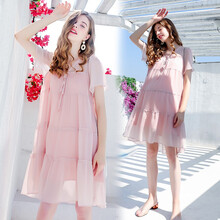 【JD快递】十月名裳 孕妇连衣裙夏季薄款雪纺韩版孕妈装潮欧货洋气上衣外出服短袖孕妇裙 粉色（雪纺裙） XL