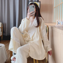 洛宠夏季纱布月子服纯棉5月份和服产后哺乳孕妇睡衣夏天薄款喂奶套装4 AB-1020#花边和服黄色 M码  85-105斤