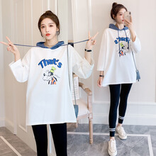 珺瑞禾  孕妇春装套装外出时尚款2021春秋网红潮妈个洋气连帽卫衣孕妇装两件套 白色+326黑色单边裤【套装】 M(建议体重90-110斤)