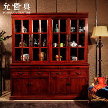 允典 红木家具缅甸花梨（学名：大果紫檀）美式四门酒柜家具客厅白酒红酒展示柜酒橱四开门展示柜 带辅料(棕红色) 4门