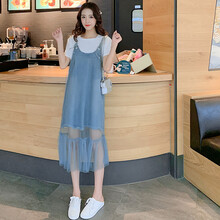 敏潮格伦孕妇夏装连衣裙时尚款潮妈宽松牛仔背带裙大码遮肚吊带中长裙套装 蓝色 XL