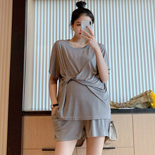 敏潮格伦孕妇夏装套装时尚洋气潮妈2020夏款宽松网红减龄冰丝孕晚期两件套 灰色套装 M