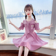 女童连衣裙夏装新款儿童韩版中大童夏季时尚气质甜美可爱学院风露肩裙子3-15岁小孩子学生童装 1092紫色 160cm