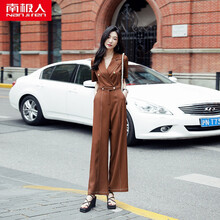 南极人时尚轻奢女装休闲裤连体裤套装女夏2021年小个子高腰显瘦休闲夏天时尚阔腿连体 咖啡色 M