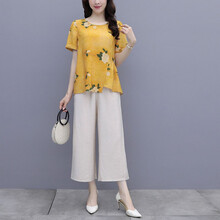 妮符棉麻阔腿裤套装女2021夏装新款韩版时尚洋气减龄妈妈女装气质宽松显瘦休闲裤女潮 黄色套装 L