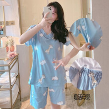 孕妇哺乳睡衣怀孕期短袖夏季薄款产后母乳喂奶套装夏天产妇月子服 长颈鹿0205短袖套装 XXL 建议130-145斤