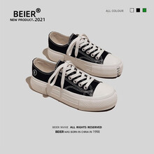 BEIER女鞋夏款帆布鞋女2021新款小白鞋百搭板鞋平底低帮春秋鞋子 6066黑色 36