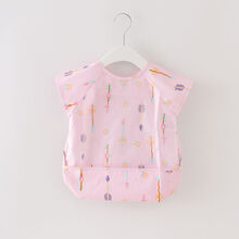 儿童罩衣男女宝宝防水防污半袖夏季纯棉吃饭衣反穿衣围裙围嘴护衣 翻转兜梅花箭粉 110 码建议2-3岁