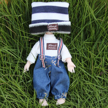 小娃娃衣服 通用6寸16/17厘米8分12分ob11娃衣小号萝莉娃娃裙子BJD关节娃服饰 毛绒帽子和牛仔裤 适合17厘米以下的娃娃穿